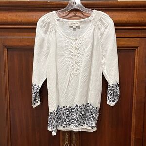 Coldwater Creek White Blouse with Black Floral Embroidery